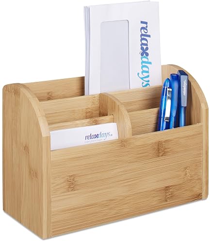 Porta Lettere E Riviste In Legno 3 Scomparti Con Cassetto - Organizzatore Da Scrivania Stile Vintage Marrone