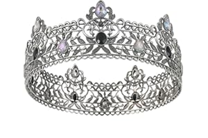 HPMAISON Antique Silver Full Round Tiara Royal King Crown for Men Black&Colorful Rhinestone Adult Birthday Crown Groom Wedding Carnival Dress Costume Party Hat for Halloween