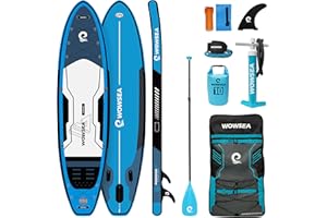 WOWSEA Tavola da paddle gonfiabile, durevole e stabile, per viaggi e tempo libero, con pompa doppia o tripla azione, pagaia in fibra di vetro, corda alla caviglia e accessori multiuso