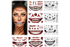 YOUKLY 9 Blätter Halloween Tattoos, Temporäre Halloween Tattoo Gesicht, Wasserdicht Narben Zombie Gesichtstattoo Aufkleber, Kunstblutnarben Schminke Kostüm Tattoo Halloween Accessoires