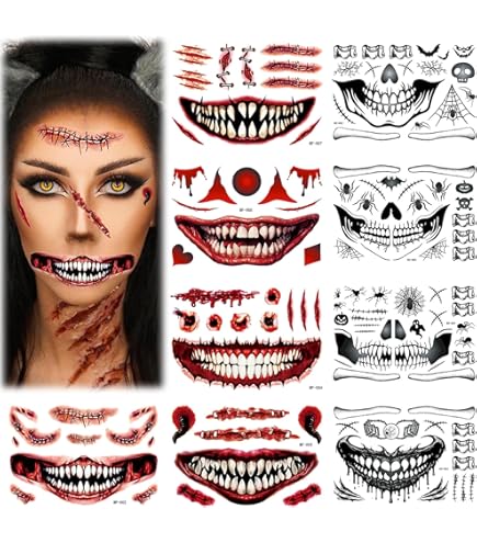 Tatouages Temporaires Visage Halloween - 10 Autocollants Cicatrices/Bouche Effrayants - Maquillage Facile Pour Enfants, Adultes - Fêtes Déguisées