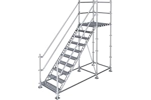 Scafom-rux Feuerverzinkte Bautreppe [10 Stufen | mit Podest] Außentreppe - 2m Höhe, 80cm breit, 45 Grad - Treppe außen, Stahltreppen für Gerüst und Garten - Aussentreppen Stahl - Treppen Bausatz