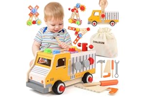 DINORUN Attrezzi Giocattolo in Legno, Montessori 3 Anni, Camion Cassetta Attrezzi, Regalo per Bambini 3-6 Anni, 47 Pezzi