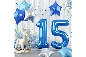 GOVPY 40 Inch Dark Blue Number Balloon 15, Large Royal Light Blue 15 Helium Mylar Balloon Decor, Self Inflating Silver Sky Blue Star Number 15 Foil Balloon for Boys 15th Birthday Party Graduation Decoration