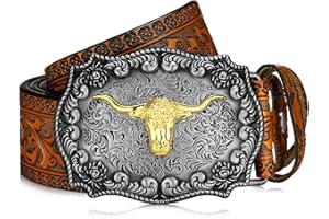Jadive Herren Gürtel Western Cowboy Bull Leder Schnallen Gürtel Longhorn Schnalle mit Blumen Gravur für Männer
