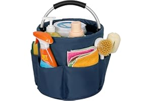 IPEB Cleaning Caddy Organizer with Handle Foldable Cleaning Bucket Organizer Cleaning Caddy Bag Cleaning Tool Bucket Multi-pocket Tool Bag for Cleaners & Housekeepers,Navy Blue