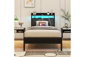 VERFARM 3ft Single Bed Frame with LED Lights Storage Upholstered Headboard and Charging Station, Solid Metal Platform Bed Single Size, No Box Spring Needed, Noise Free