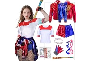 FORFAMY Disfraz de Quinn para Niñas Cosplay Suicide Escuadrón Set - chaqueta, camiseta, pantalones cortos, guantes, bate inflable, para Halloween, Fiesta, Carnaval