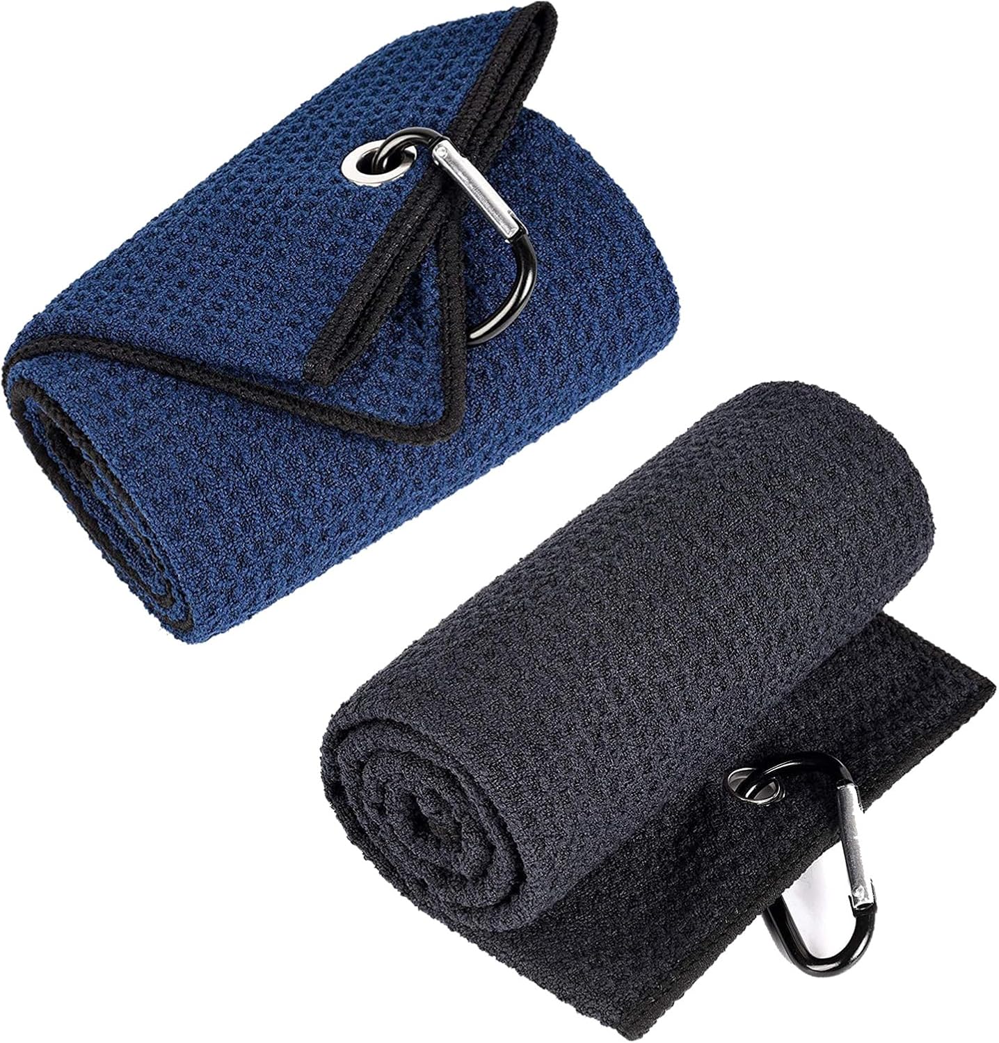 Daleweo Toalla de golf de microfibra, 2 unidades, con clip de mosquetón, 30 x 30 cm, diseño de gofres absorbentes, accesorios de golf, paño de limpieza, color negro y azul marino para pelotas de golf