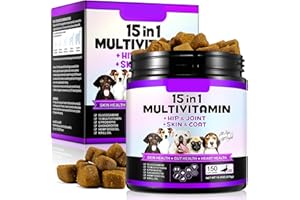 RSGRT Dog Vitamin Supplements, 15-in-1 Dog Multivitamin, Vitamins for Dogs Hip and Joint, Skin Health, Gut Health, Immune System and Improve Mobility with Vitamin C, Probiotics for Dogs (150 Chews)