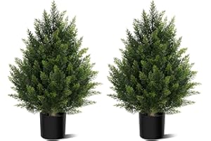 VITALISMO 2 Set Artificial Topiary Cedar Trees 60cm, Indoor Outdoor Faux Potted Boxwood Evergreen Plants, Fake Bushes Shrub Pine Tree for Home Garden Front Porch Decor