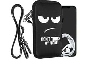 kwmobile Handytasche für Smartphones L - 6,5" - Neopren Handy Hülle Weiß Schwarz - Handy Tasche mit Kette 16,5 x 8,9 cm Innenmaße - Don't Touch My Phone