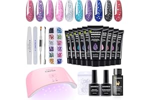 WAKANIYA Poly Gel Nail Kits Full Set for Beginners, 24W UV Lamp, Rhinestones, Easy Quick Nail Extension Gel Poly Gel Nail Polish Starter Set with Slip Solution, Nail Forms, 10 Glitter Colours