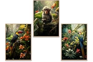 GrowArt - Poster A3 jungle exotique et coloré sans cadre représentant un toucan, un perroquet et un singe, une décoration murale unique et originale qui égayera n'importe quelle pièce.