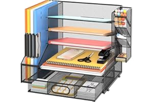 Vikmyer Organizzatore da scrivania a rete con portadocumenti, vassoio portacarte a 5 livelli con cassetto e portariviste, organizer da scrivania e portaoggetti per l'ufficio (Nero con portapenne)