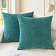 CaliTime Pack Of 2 Cozy Throw Pillow Covers Cases For Couch Sofa Home Decoration Solid Dyed Soft Chenille 18 X 18 Inches Teal, 200 TC