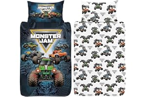 Monster Jam Single Duvet Cover - Grave Digger, Max-D, Megalodon, Dragon & El Toro Loco Design - Officially Licensed Reversible Bedding set with matching Pillowcase - Polycotton