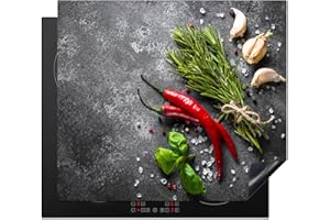 KitchenYeah© Herdabdeckplatte Einteilig Küche Abdeckplatten für Herd Abdeckung Induktionskochfeld Ceranfeld Aufrollbare Matte Pfeffer - Kräuter - Gewürze - Beton - 60x52 cm