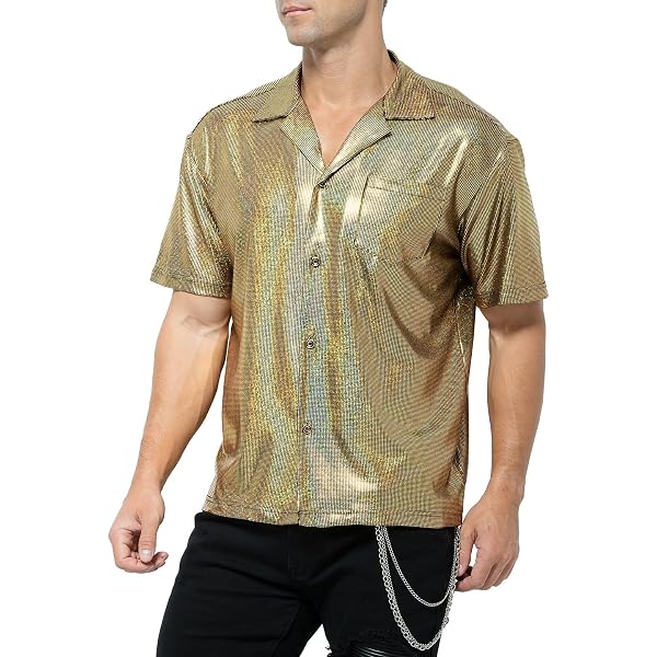 JOGAL Camicia Uomo Manica Corta Effetto Metallizzato Bronzo Lucido - Tessuto Impermeabile, Taglia XXXL (Asia)