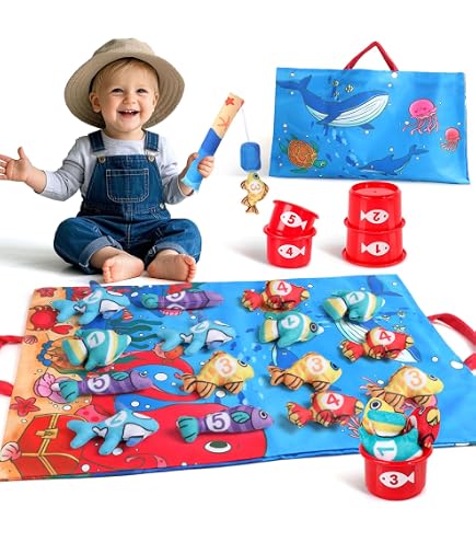 Jeu De Pêche Montessori 22 Pièces – 15 Poissons, Canne, 5 Seaux, Sac – Aimants En Velcro – 1-3 Ans