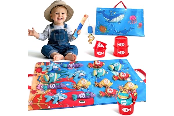 jerryvon Juguetes Niños 1 Año Montessori -Juego Pesca 6-12 Meses, Juguete Bebe 1 año Juegos Educativos de Tela，Regalo Bebe 1 año para Cumpleaños (15 Peces Tela, Cubos Apilables, Bolsa)
