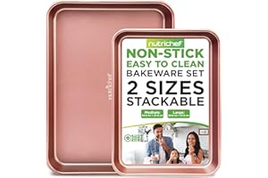 Nutrichef Non-Stick Cookie Tray Set- 2-Piece, Easy Clean, Stackable Cookie Sheets, Dishwasher Safe, Oven Safe, PFOA Free, Non-Toxic Bakeware, Perfect for Baking & Roasting- Rose Gold