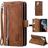UEEBAI Case for Samsung Galaxy S23 Ultra,Vintage Zipper Cell Phone Case PU Leather Folding Shell Silicone Bumper with 9 Card 