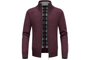 KUDORO Mens Knitted Causal Cardigan Jumper Thick Sweater Zip Stand Collar Turn Down Collar Fleece Lined Zipper Winter Jumper Tops for Men