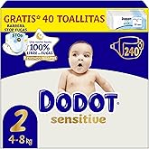 Dodot Pañales Bebé Sensitive, Talla 2 (4-8 kg), 240 Pañales + Regalo de 40 Toallitas Aqua Pure 99% Agua, Hasta 12 h De Protec