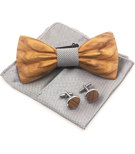 Noeud Papillon En Bois De Noyer Pour Homme - Set Avec Boutons De Manchette Et Pochette - Cadeau Mariage