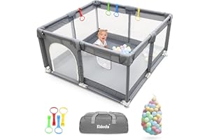 Kidoola Baby Playpen with Padded Frame & Mesh Walls, Balls & Pull Rings Included, for Indoor & Outdoor Use, Toddler Fence - Breathable Mesh, Extra Large Play Yard for Babies (127x127x65cm) (Grey)