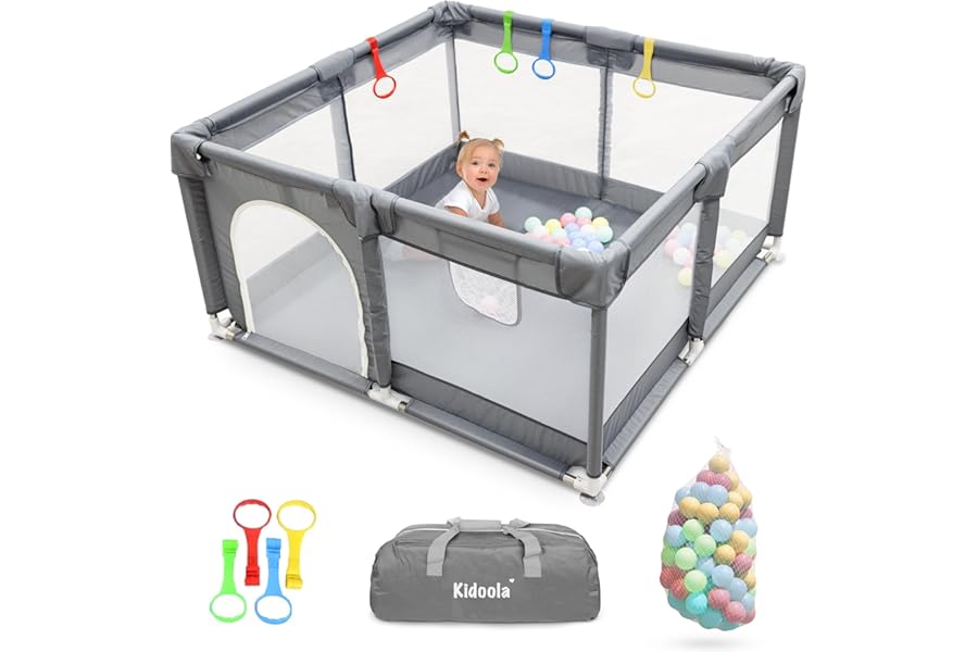 Kidoola Baby Playpen with Padded Frame & Mesh Walls, Balls & Pull Rings Included, for Indoor & Outdoor Use, Toddler Fence - Breathable Mesh, Extra Large Play Yard for Babies (127x127x65cm) (Grey)