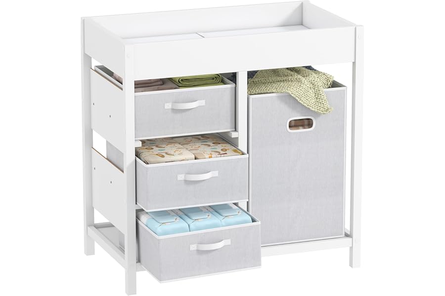 AIYAPLAY Baby Changing Table with 4 Drawers, Nursery Diaper Baby Changing Unit for 0-12 Months (max. 11kg), with Mat, Infant Care Station for Bedroom Nursery, White