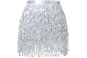 Soudittur Quasten Paillettenrock Damen Glitzer Rock Damen Steampunk Quastenrock Bauchtanz Hüftschal Karneval Fransen Rave Outfit Kostüm