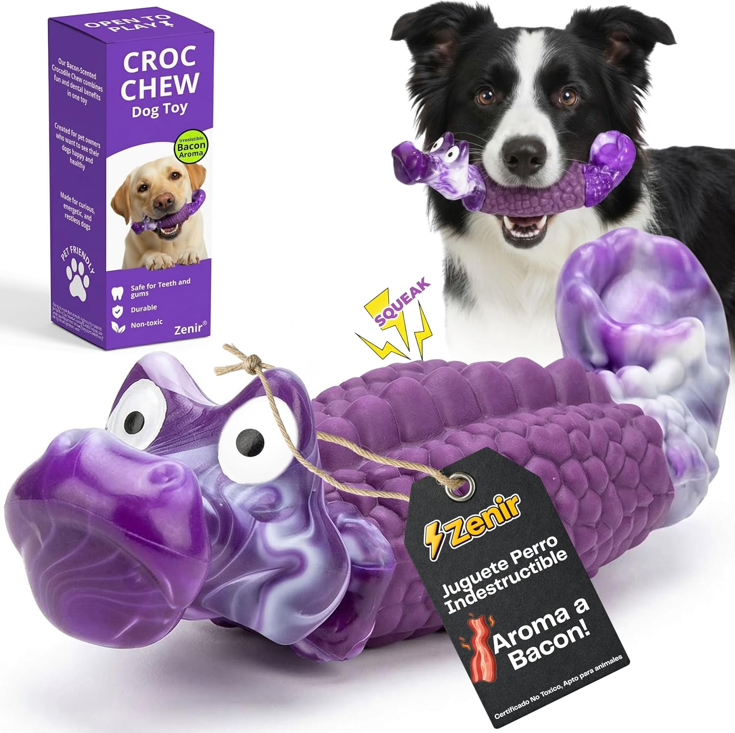 Zenir Juguete Perro Indestructible Cocodrilo con Aroma a Bacon | Juguetes para Perros Masticadores Agresivos Antiestres y Ansiedad | Mordedor Perro Resistente. Juguetes Perros Grandes y Medianos