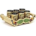 Navrang Meenakari Peacock Design Glass with Handle and Handicraft Serving Tray Set, 12 x 7 x 3.5 Inch Wooden Golden Meenakari Tray