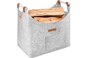 HONGTAISHENG XL Cestino per Legna in Feltro Extra Spesso | Borsa Pieghevole con Manico Rinforzato per Tronchi, Spesa, Giornale o Legna da Ardere (Grigio Chiaro)