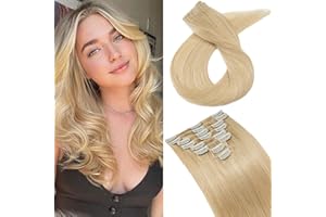 SEGO 22"(55cm) Extensiones de Clip de Pelo Natural [8 PCS 18 CLIPS] #24 Rubio Natural 100% Remy Cabello Humano Postizos Pelucas Lisas Largas para Mujer (75g)