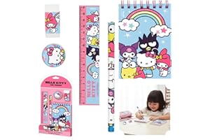 HOVUK Hello Kitty Ensemble de papeterie scolaire 5 pièces | Carnet A5, crayon, règle, gomme et taille-crayon | Kit de papeterie Sanrio pour filles | Joli cadeau Hello Kitty pour enfants, anniversaire et