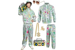 Vercico 80s Fancy Dress Men 90s Fancy Dress Rapper Costume with Rapper Accessories, Shell Suit 80s Tracksuit Mens Outfits for 90s Parties, Music Festivals, Hip-hop Raves