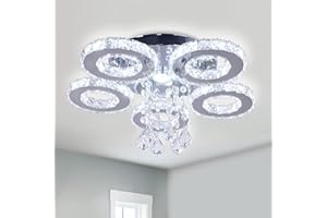 Finktonglan cristal LED plafond encastré 5 anneaux lustre en acier inoxydable salon salle à manger chambre à coucher lustre moderne (blanc froid)