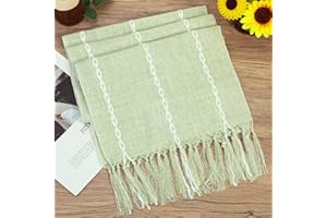 VSPEK Boho Table Runner - Rustic Farmhouse Cotton and Linen with Hand-tassels, Elegant Kitchen and Event Decor, 13x72 inches, Sage Green
