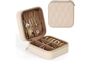 KAMIER Small Jewelry Box for Women, PU Leather Organizer for Earrings, Rings, Necklaces, Cute Travel Jewellery Box for Women, Men, and Girls, Beige