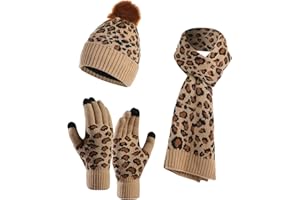YoungSoul 3 Pieces Winter Knitted Set Leopard Print Warm Bobble Hat Scarf and Gloves Women Girls