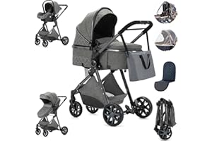 Zkiprm Poussette 3 en 1, Poussette de Ville Avec Siège D'auto, Poussettes et Landaus, Poussette Compacte Portative de Canne, Pliage D'un Clic, Combinaison de Poussette Paysage Cadre en Aluminium élevé