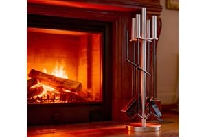 Kingson Moderno juego de 5 piezas para chimenea, asas y soporte de acero inoxidable, incluye cepillo, póquer, pinzas, pala, herramientas de hierro, juego de herramientas para chimenea para quemador de