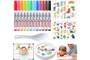 JSHENG Magic Pen Dibujos en el Agua, 12Pcs Rotuladores Agua Magicos, Rotuladores de Agua con Cuchara, 2 Pegatinas para Tatuajes, Rotulador Agua Magico, para Dibujo Graffiti Escritura Pizarra Ropa