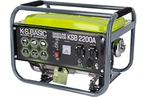 Groupe électrogène à essence KSB 2200A, puissance maximale 2200W, démarrage manuel, puissance moteur 5,5 CV, régulateur AVR, voltmètre, 2x16A (230V), sortie 12V, alternateur en aluminium