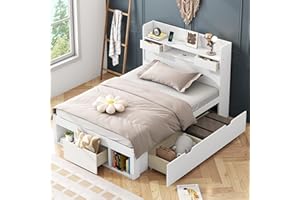 Rtopsu Einzelbett Kinderbett 90x200 cm mit USB-Kopfteil, Holzbett Jugendbett mit 3 Stauraum Schubladen und Stauschrank, Bett Bettgestell mit Bettkasten und Lattenrost aus Holz, Weiß, Ohne Matratze