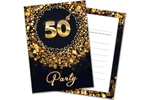 Olivia Samuel 20 x 50th Birthday Party Invitations with Envelopes - Ready to Write - Black and Gold Effect - Designed and Printed in the UK